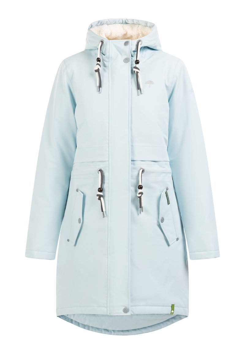 Light blue waterproof parka with a fur-lined hood, adjustable drawstrings, two front pockets, and a hem that extends at the back.