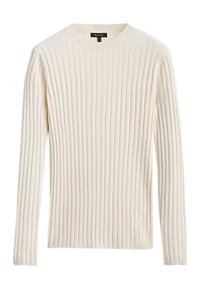 Pull en tricot côtelé à manches longues blanches avec encolure ronde, coupe ajustée et lignes verticales texturées.