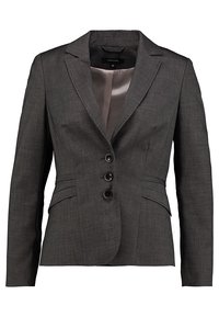 Blazer gris présentant un design à simple boutonnage, des revers en encoche, trois boutons sur le devant et des coutures structurées. Doublure intérieure lisse.