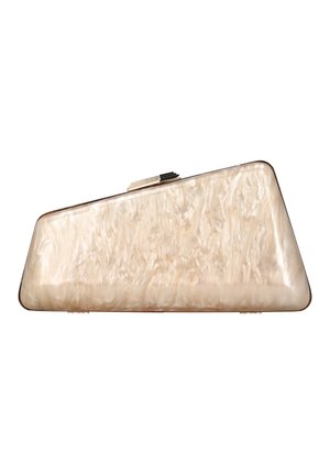 Geantă de mână trapezoidală bej cu model marmorat, colțuri rotunjite și închidere cu cataramă aurie.