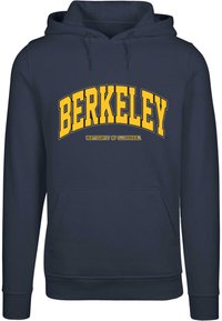 Mørkeblå hettegenser laget av bomull, med gul tekst "BERKELEY" og "University of California" under, samt kengurulomme.