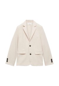 Beige kavaj gjord av texturerad tyg, med snedskuren krage, två framfickor och tre svarta knappdetaljer på varje ärm.