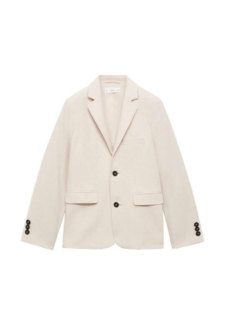 Beige kavaj gjord av texturerad tyg, med snedskuren krage, två framfickor och tre svarta knappdetaljer på varje ärm.