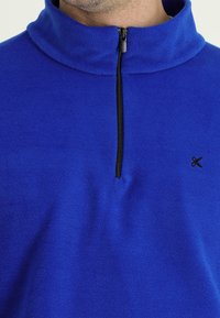 Pullover in pile blu reale con colletto alto e zip nera. Presenta un piccolo logo nero sul petto. Texture morbida e vestibilità rilassata.