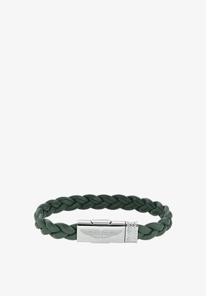 Prepletaný tmavozelený kožený náramok so striebornou sponou vyrytým logom Aston Martin.