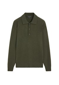 Oliwkowy dzianinowy sweter polo z długimi rękawami, ribbowanymi mankietami i zapięciem na trzy guziki. Wykonany z miękkiego, fakturowanego materiału.