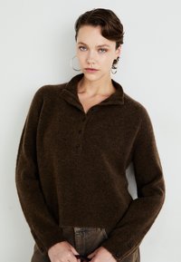 Brown, textured knit sweater with a collar, five-button placket, and long sleeves. Fitted hem and accent buttons on cuffs.