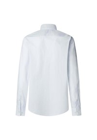 White long-sleeve shirt made of light fabric, featuring a classic collar, buttoned cuffs, and a plain textured finish on the back.