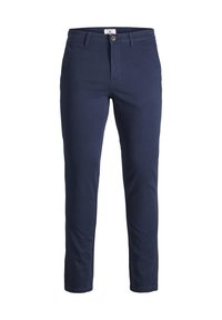 Navy blue cotton chinos with a straight leg design, front button closure, and subtle stitching details. Smooth texture, plain pattern.