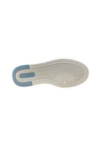 Suela de zapato de Levi's, con una base blanca y un acento azul claro, patrón de textura en la suela y detalles de diseño circulares en la parte inferior.