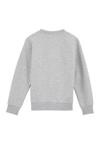 Szürke kapucnis pulóver bordázott mandzsettával és derékkal, egyszerű, sima textúrával. A dizájn klasszikus kerek nyakkivágást és laza fazont tartalmaz.