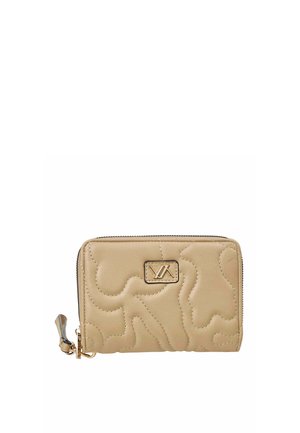 Beige quilted wallet with abstract stitching, gold zipper, and a gold logo plaque on the front.