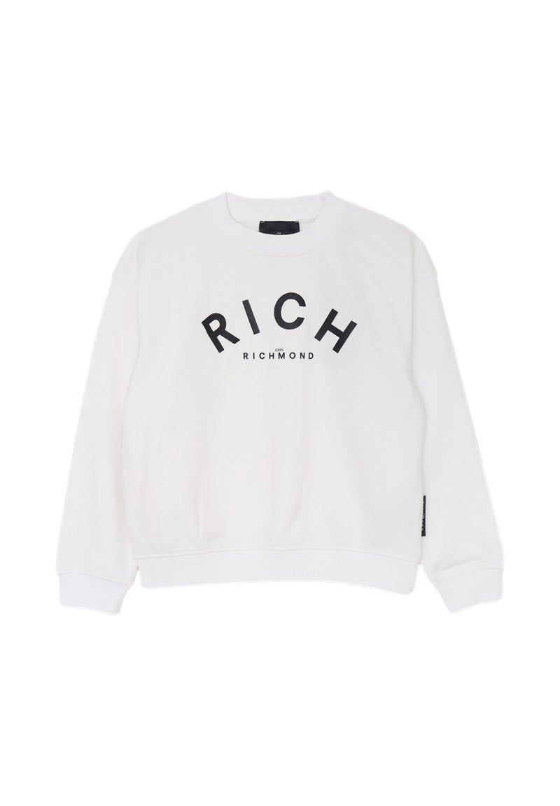 Felpa bianca in cotone con colletto rotondo, caratterizzata da una stampa grafica nera "RICH RICHMOND" centrata sul fronte. Maniche lunghe.