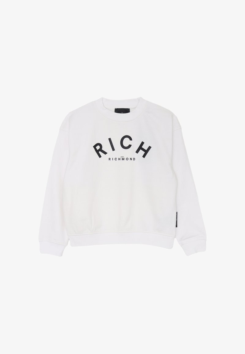 Felpa bianca in cotone con colletto rotondo, caratterizzata da una stampa grafica nera "RICH RICHMOND" centrata sul fronte. Maniche lunghe.