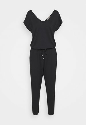 Zwarte jumpsuit met korte dolmanmouwen, V-hals, aanpasbare taille en tapse broekspijpen. Glad stof met minimale accenten.