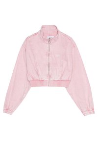 Rosa cropped denimjacka med hel dragkedja framtill, elastisk midja, elastiska manschetter och ståkrage.