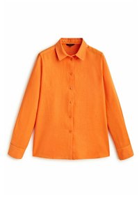 Oranges Langarmhemd aus leichtem Stoff, mit spitzem Kragen, Knopfleiste vorne und abgerundetem Saum.