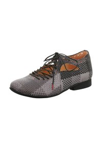 Gray woven leather shoe with a rounded toe, lace-up front, and cut-out details on the sides. Features a low black heel and red accent.