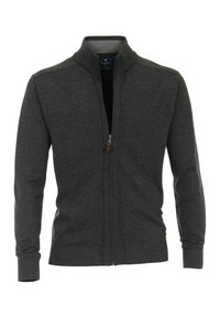 Dunkelgrauer Zip-Up-Pullover aus Strickstoff mit hohem Kragen, gerippten Bündchen und einer glatten Textur mit einem subtilen Finish.