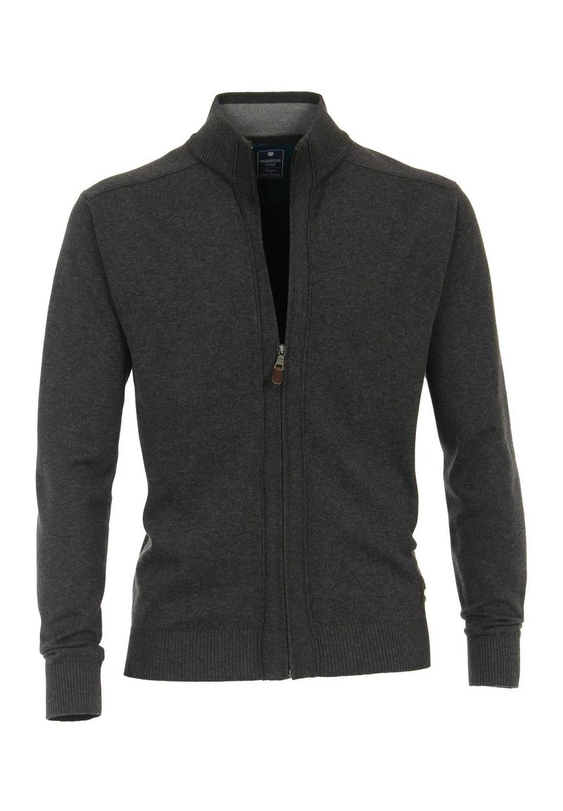 Dunkelgrauer Zip-Up-Pullover aus Strickstoff mit hohem Kragen, gerippten Bündchen und einer glatten Textur mit einem subtilen Finish.