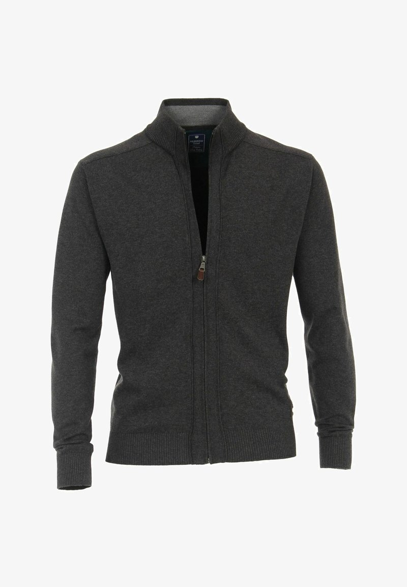 Dunkelgrauer Zip-Up-Pullover aus Strickstoff mit hohem Kragen, gerippten Bündchen und einer glatten Textur mit einem subtilen Finish.