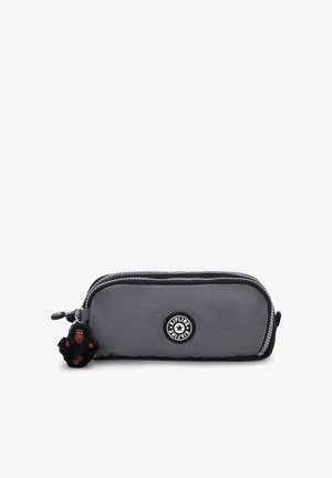Gray nylon pencil case with a zipper, black accents, and a round logo. Features a small gorilla keychain attached. Smooth texture.