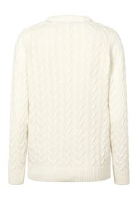 Kreemivärvi soonikkoesega kampsun, millel on tekstuuriga muster, soonikkoes mansetid ja alumine serv ning ümmargune kaelus. Pehme, paks kangas.