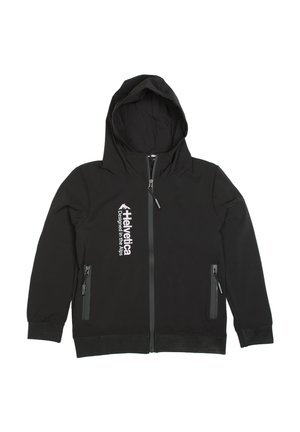 Sweat à capuche noir zippé avec une capuche. Comprend des poches avant avec fermetures éclair, un graphisme textuel et des poignets côtelés. Texture de tissu lisse.