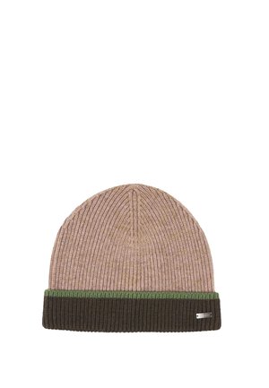 Knitted beige beanie hat with a dark brown folded brim featuring a thin green stripe and a small metal brand tag.