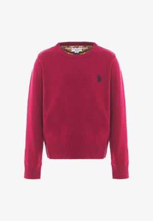 Maglione rosso a maglia con maniche lunghe, polsini e orlo a coste. Presenta un piccolo logo nero sul petto e una scollatura interna con motivo decorativo.