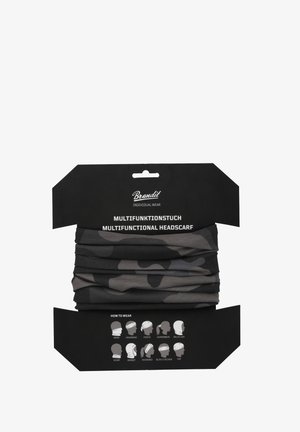 Dark camouflage multifunctional headscarf on black packaging showing 10 illustrated ways to wear it including mask, headband, balaclava, and scarf.