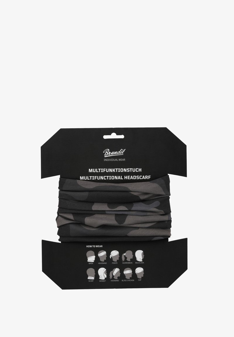 Donkere camouflage multifunctionele hoofddoek op zwarte verpakking met 10 geïllustreerde manieren om te dragen, waaronder masker, hoofdband, balaclava en sjaal.