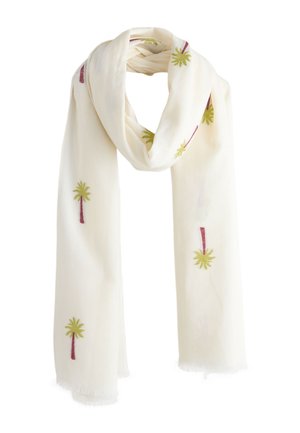 Biely šál s malou zelenou a hnedou výšivkou palmy, ľahká látka a strapce na okrajoch.