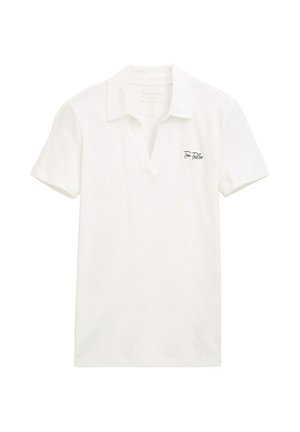 Fehér, rövid ujjú galléros póló fekete "Tom Tailor" logóval a bal mellrészen.