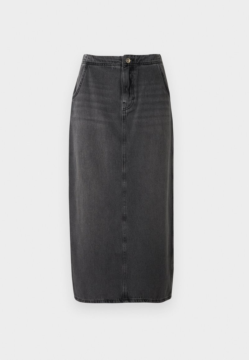Jupe midi en denim noir à coupe droite, fermeture par boutons sur le devant et poches latérales. Présente une texture lisse et un dégradé subtil.