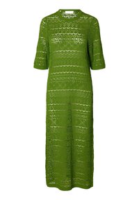 Vestido de punto verde con mangas cortas, que presenta un patrón texturizado y un corte holgado, cayendo por debajo de las rodillas. Cuello redondo y tejido abierto.
