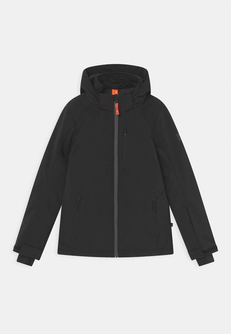 Veste softshell noire à capuche avec fermeture éclair intégrale à l'avant, poche poitrine, deux poches latérales zippées et poignets réglables.
