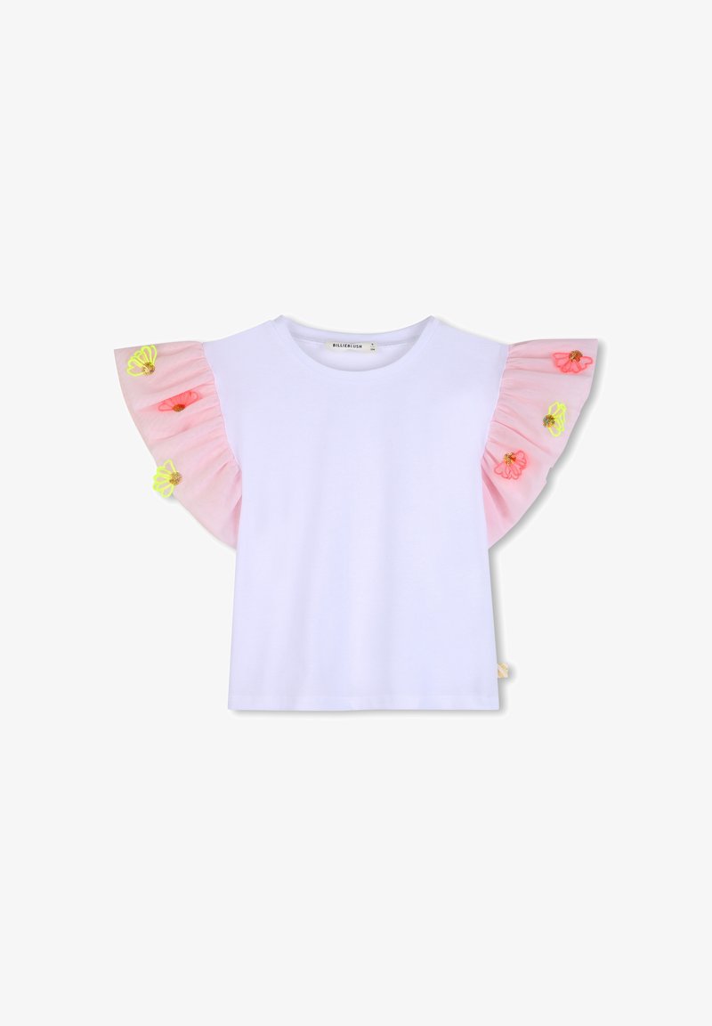 T-shirt blanc à manches courtes avec manches en mesh rose à volants ornées de broderies colorées de fleurs et de papillons.