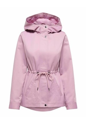 Veste à capuche rose clair avec boutons-pression à l'avant, taille à cordon de serrage et deux poches latérales, conçue pour les vêtements d'extérieur féminins.