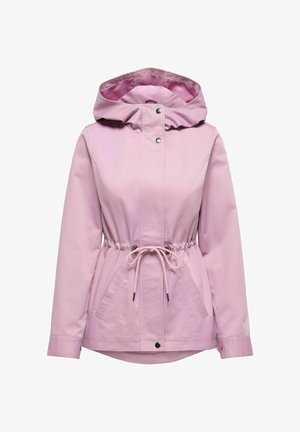 Veste à capuche rose clair avec boutons-pression à l'avant, taille à cordon de serrage et deux poches latérales, conçue pour les vêtements d'extérieur féminins.
