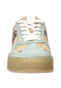 Mint green and beige sneaker with a textured finish, white laces, and a translucent sole. Features side accents in darker tones.