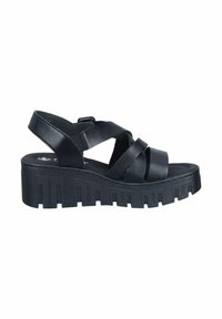 Black leather sandal featuring cross straps, a cushioned footbed, and a chunky, textured platform sole. Adjustable strap for fit.