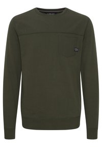 Olive green long-sleeve sweatshirt made of soft fabric, featuring a front pocket and ribbed cuffs. Simple and streamlined design.