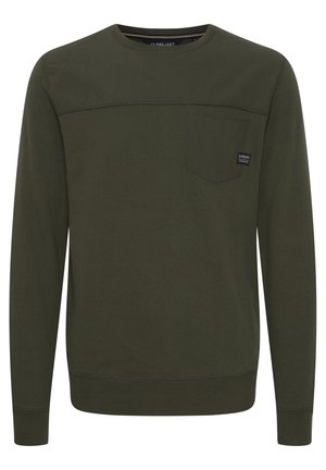 Felpa a maniche lunghe verde oliva realizzata in morbido tessuto, con tasca frontale e polsini a costine. Design semplice e lineare.