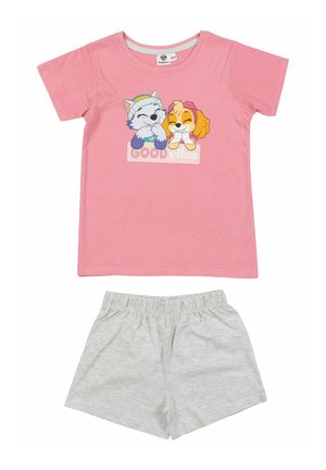 Pink short-sleeve shirt with cartoon dogs and "Good vibes" text, paired with light gray elastic waist shorts.