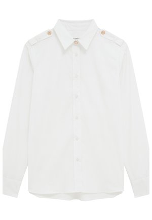 Witte lange mouwen shirt van katoen met een button-down kraag, voorzien van schouderknopen en een rechte zoom. Gladde textuur.