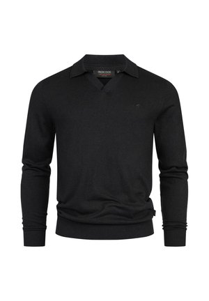 Schwarzer gestrickter Pullover mit V-Ausschnitt und langen Ärmeln. Verfügt über einen Kragen, gerippte Bündchen und einen gerippten Saum sowie ein dezentes Logo-Highlight. Weiche Textur.