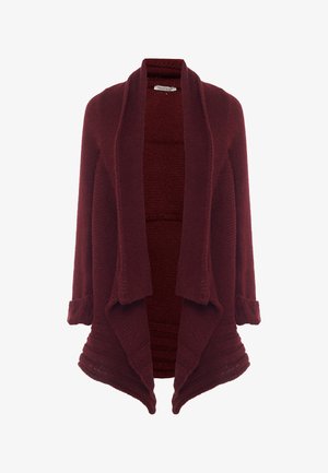 Cardigan en maille bordeaux avec un devant ouvert, des manches trois-quarts et une silhouette décontractée, doté d'une texture côtelée au niveau de l'ourlet.