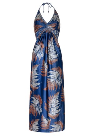 Granatowa sukienka na szyję z nadrukiem paproci w kolorach miedzi i srebra. Posiada marszczony gorset i luźny krój, wykonana z gładkiego, lekkiego materiału.