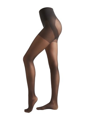 Collants noirs transparents avec une taille haute, présentant une texture lisse et une zone de pointe renforcée. Le matériau semble extensible et opaque.